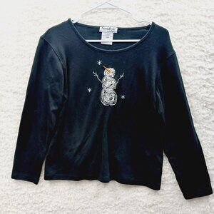 T-Shirt Size M Black Snowman Glitter Holiday Top Christmas Whimsycore Snowflake